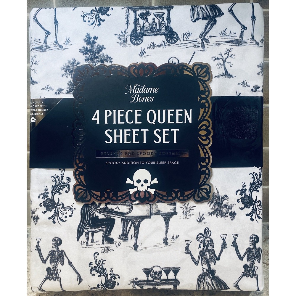 Madame Bones Queen Sheet Set 4pc Skeleton Toile Black White Spooky Halloween NEW
